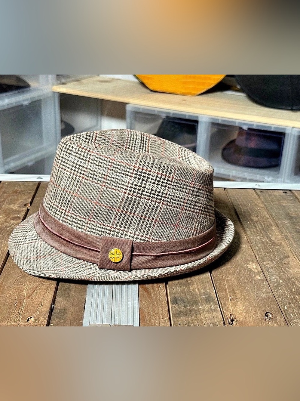John Lennon Plaid Fedora Trilby Hat Wool Blend Union Jack Beatles Brown